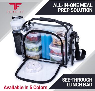 Ізольована ланчбокс з 6 контейнерами для їжі – BPA-Free, багаторазовий, підходить для мікрохвильової печі та морозильника – ланч-сумка з шейкером, органайзером для пігулок, плечовим ременем та охолоджувальними акумуляторами – сумка-холодильник (прозора)