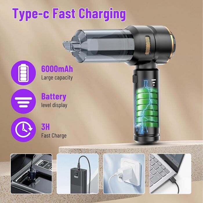 Акумуляторний ручний пилосос 4 в 1 для авто та дому, безщітковий мотор 22000Па, потужність 6000 мАг, портативний електричний обдуватель для прибирання шерсті та пилу, чорно-золотий