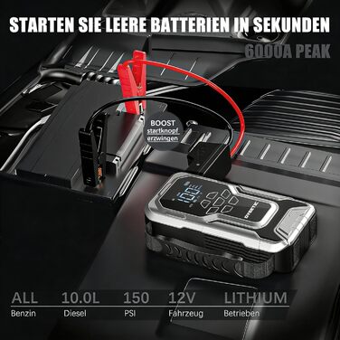 Powerbank Starthilfe 6000A з компресором 150PSI: портативний пусковий пристрій для авто та мото (бензин, дизель до 10.0L) з LED-ліхтариком QC3.0, срібний