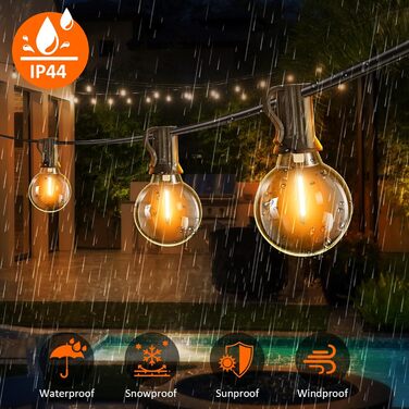 Ланцюжок прикрас для зовнішнього використання з таймером, 15 м LED-ланцюжок живлення на вулиці з 25+2 G40 лампочками, 4 режими та регульована яскравість. Водостійкий гірлянда для саду, балкону, тераси, вечірки, весілля (тепле біле світло)