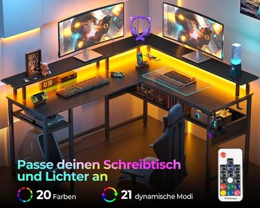 Роланстар Стіл ігровий L-подібний з LED та розеткою, 137 x 108 см, комп'ютерний стіл з підставкою для монітора та місцем для зберігання, реверсивний кутовий стіл для офісу, домашнього офісу (Білий) (Чорний)