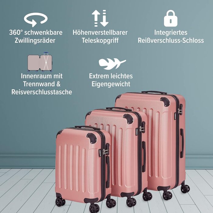 Набір валіз Arbos 3шт. з ABS-пластику | Валізи-тролі з телескопічною ручкою | З замком-блискавкою, 360° колесами | Розміри M-L-XL | Колір рожеве золото