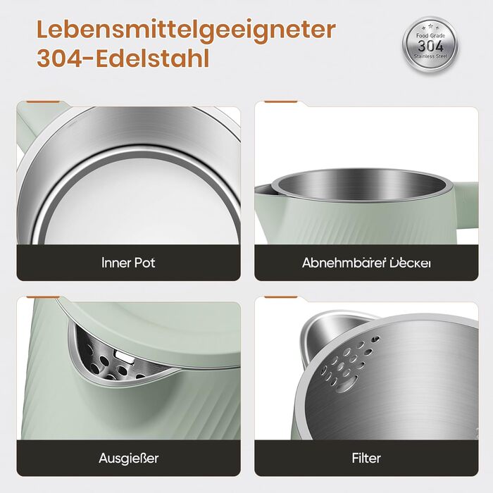 Електричний чайник OLEGA 1.8L, 1800W, з автоматичним відключенням та захистом від сухого кип'ятіння, нержавіюча сталь 304, без BPA, зелений