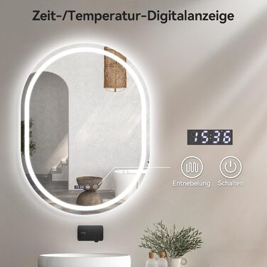 Дзеркало для ванної кімнати YOURLITE з підсвічуванням, кругле, 60 см, LED, 3 кольори, диммування, сенсорне управління, антизапар, пам'ять, IP44, овальне