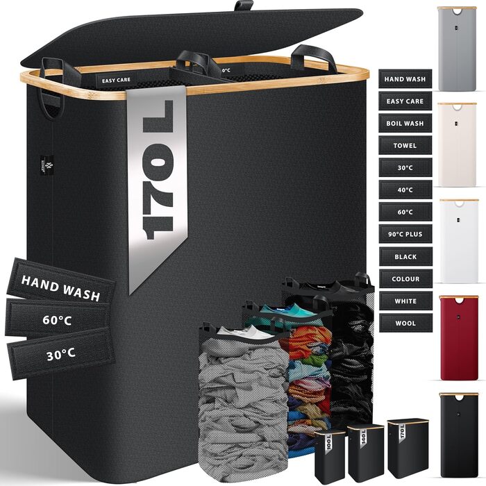 Кошик для білизни KESSER® з кришкою, 2 відділення, складний, 170 літрів, чорний