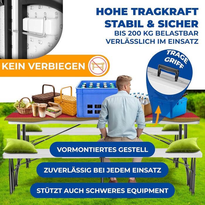 Стол KESSER® розкладний буфет пластиковий 183x76 см для кемпінгу, відпочинку, саду, тераси, балкону на 6 осіб з чохлом та ручкою, білий