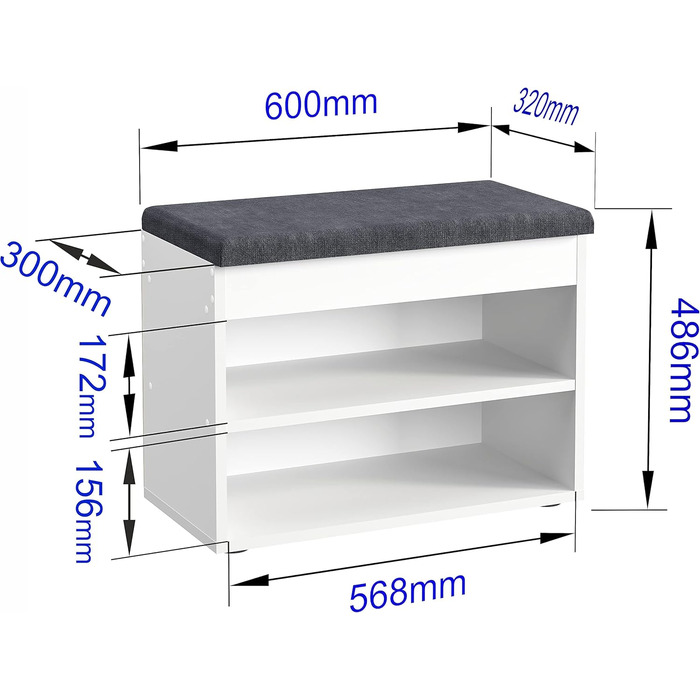 Лавка для взуття з сидінням - Полиця для взуття Лавка з місцем для зберігання Білий 60 x 48 x 32 см Маленька взуттєва шафа з лавкою Лавка для передпокою Лавка для шафи Софія 60 x 48 x 32 см Білий Оббивка сіра