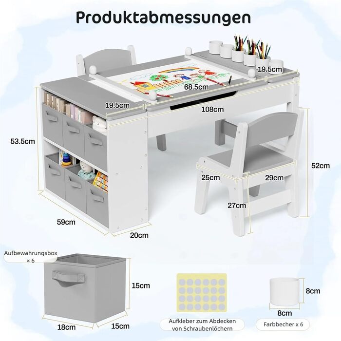 Дитячий стіл зі стільцями, дерев'яний набір, дитяча група сидінь з місцем для зберігання, стіл для малювання з рулоном паперу, стіл для малювання та рукоділля для дітей від 3 років (Сірий)