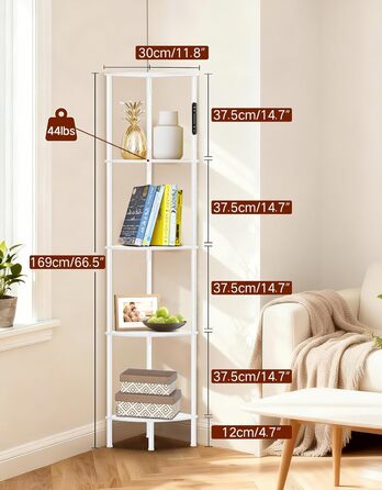 LED торшер з полицею, 3 режими світла, димування (сенсор/пульт), кутова полиця 5-рівнів, вузький книжковий стелаж для вітальні, спальні, офісу (білий)