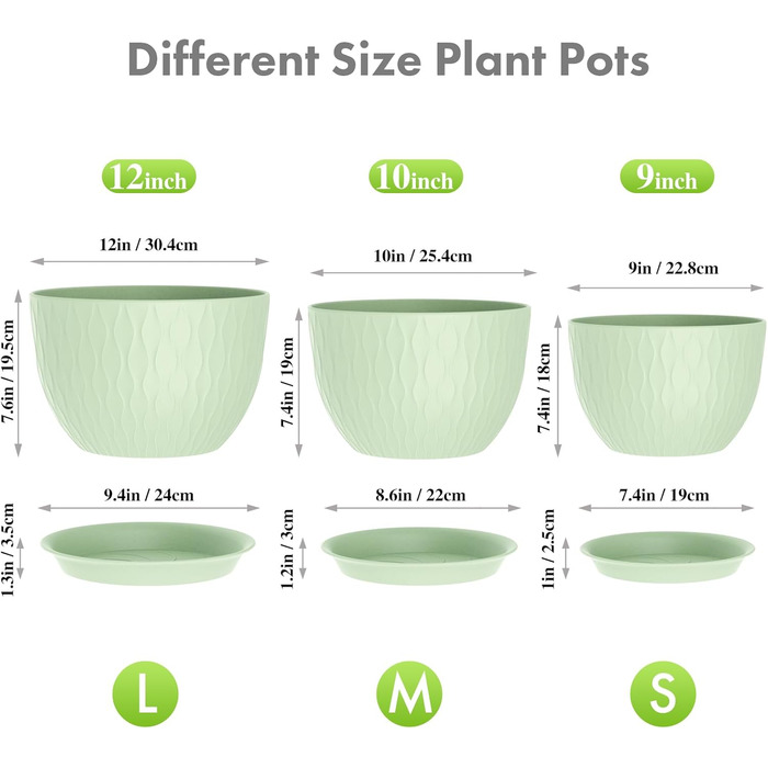 Великі горщики для квітів 3 шт. (12+10+9 дюймів), 30.5x25.4x25.4x22.9 см, для дому та саду, з дренажними отворами, зелені