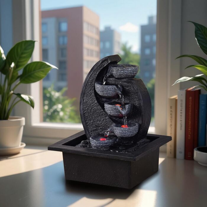 Джерело води Zen'Light Zimmerbrunnen V2 з 4 рівнями, імітація натурального каменю та кольоровим LED-підсвічуванням. Сучасна декор для столу, ідеально для медитації та релаксації. Висота 26 см. Унікальний дизайн.