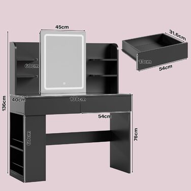 Великий туалетний столик Airfish з підсвічуванням 108x40 см, з дзеркалом та полицями, 2 шухляди, регульована яскравість, 3 кольори, для спальні/вітальні (білий туалетний столик) (чорний туалетний столик)