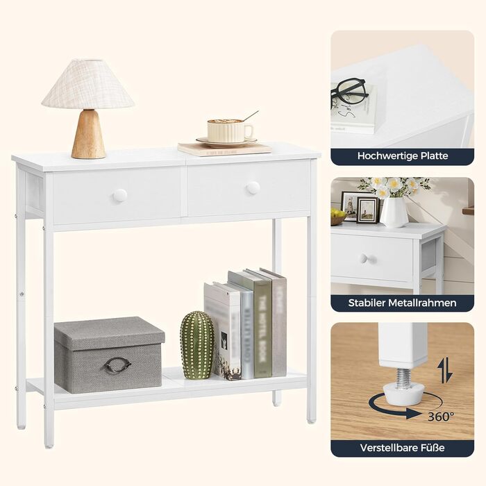 HOOBRO Консольний столик, вузький бічний столик з 2 висувними ящиками з тканини, 75 см, столик для передпокою, журнальний столик для дивану в індустріальному стилі, для передпокою, вітальні, коридору, білий EWW71XG01