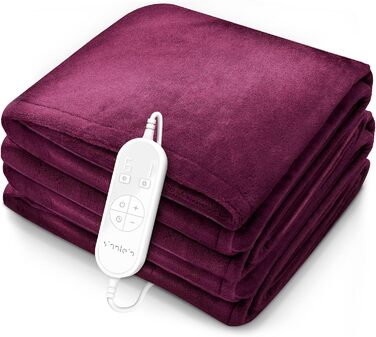 Електрична грілка з плюшу 200x180 см, сертифікат TÜV SÜD GS | З таймером, 9 температурних режимів, відключенням, цифровим дисплеєм, пральна до 40°C, бордовий колір