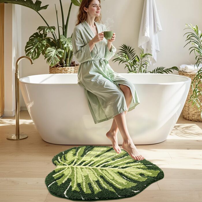 Килимок для ванної кімнати DEXI Ovale - антиковзаючий, з малюнком, 80x120 см, Monstera