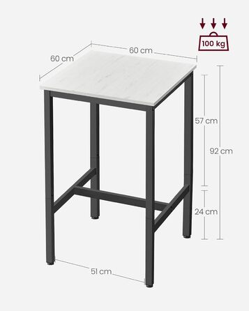 Високий стіл, барний стіл, квадрат, сталевий каркас, 60 x 60 x 92 см, легка збірка, для кухні, вітальні, індустріальний стиль, сільський коричневий і чорний LBT25 шт. (вінтажний білий чорний)