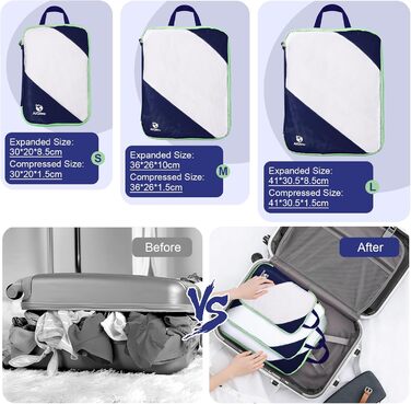 Набір компресійних органайзерів для одягу AiQInu (5 шт), ультралегкі сумки для пакування в подорожі з мішком для взуття та білизни, темно-синій