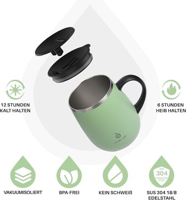 Кружка для кави та чаю Ideus 470 мл з нержавіючої сталі, подвійні стінки, ізольована, з неслизьким ручним тримачем та кришкою-модулем, великий об'єм, колір: трав'яний зелений