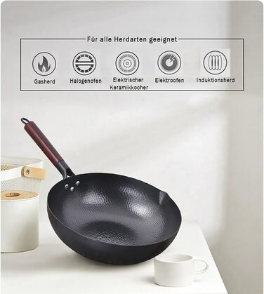LIYGAOF Вок з кришкою 32 см з чавуну: Вок для всіх типів плит, кована чавунна сковорода, без хімічного покриття, легко миється