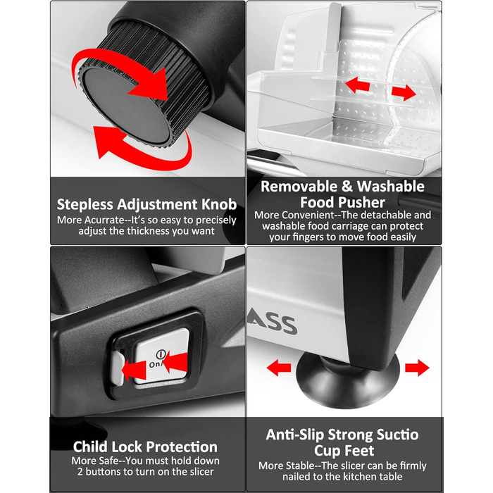 Електричний слайсер 200W з нержавіючої сталі - кухонний слайсер для м'яса, сиру, хліба та ковбаси, регулювання товщини шару 0-15 мм, 2 леза