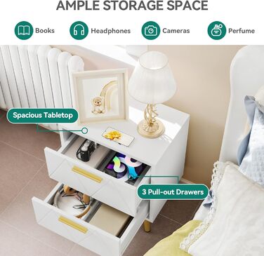 Приліжкові тумбочки YITAHOME (2 шт.) з 2 шухлядами, білі, з золотими ніжками, 40 x 30 x 52 см