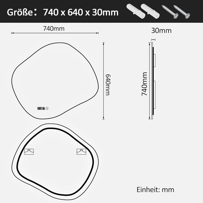 Дзеркало для ванної кімнати з підсвічуванням та годинником Boromal 50x70 см, 3 кольори світла, диммування, LED, сенсорне управління