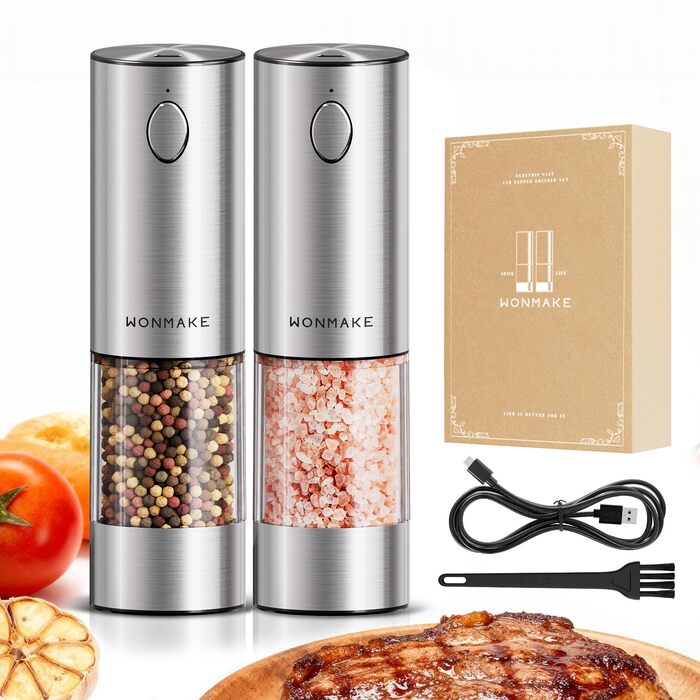 Електричні соляні та перечні млини WONMAKE з регульованим керамічним жорном, USB-зарядка, LED-підсвічуванням, великим об'ємом, з нержавіючої сталі