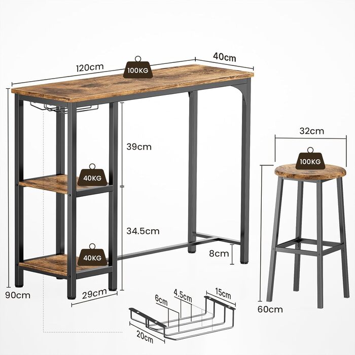Набір барних столів Bealife з табуретами, 2 полицями та тримачем для скла для кухні/вітальні (ретро)