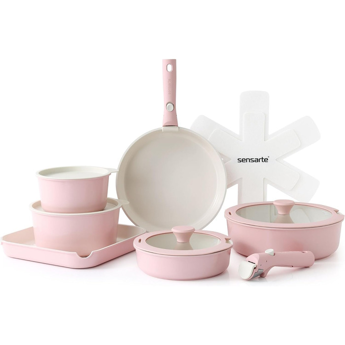 Набір посуду SENSARTE 17 частин з керамічним покриттям, антипригарний, для всіх плит, безпечний, рожевий