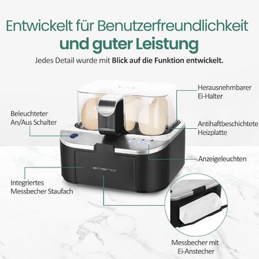 Електричний яйцеварка Emerio SIEGER: 3 ступені нагріву, голосове сповіщення, BPA Free, EB-123177.1, чорний/сріблястий