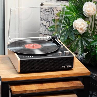 Вініловий програвач Victrola з Bluetooth 5.1, вбудованими динаміками, технологією Vinyl-Stream, ретро-дизайном, трьома швидкостями та головкою Audio Technica AT-3600LA, бамбук