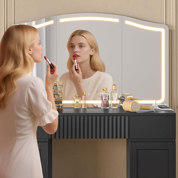 Великий туалетний столик AOGLLATI з великим дзеркалом та регульованою LED-підсвіткою. Косметичний столик з розетками, 3 висувними ящиками та 2 шафками. Сучасний туалетний столик для спальні (білий/чорний)