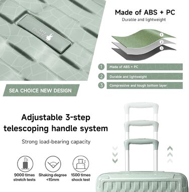 Набір валіз Sea Choice: M, L, XL (55/65/75 см) з жорсткими боковинами, захистом кутів, TSA-замком та косметичкою (Matcha Grün)