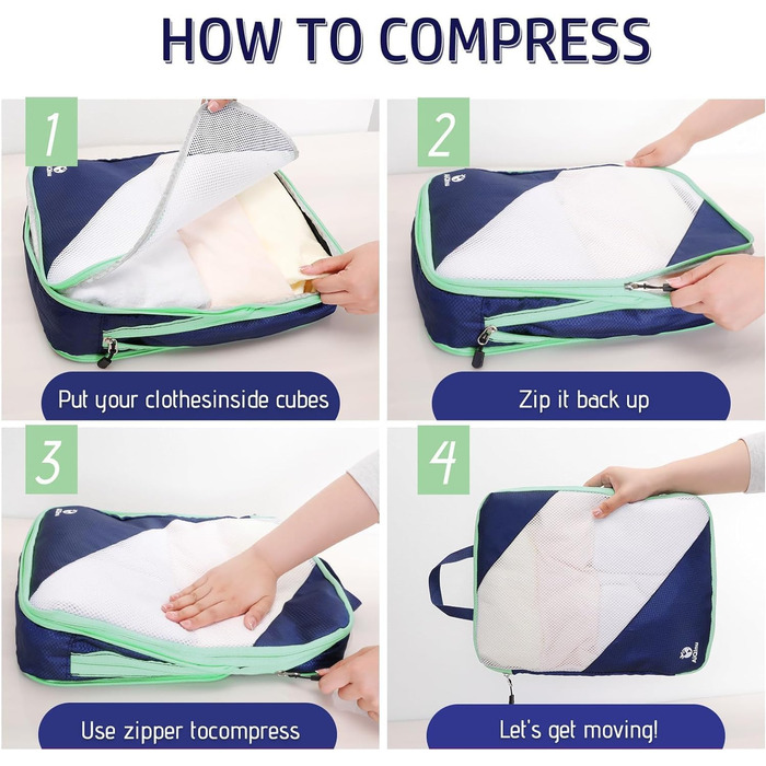 Набір компресійних органайзерів для одягу AiQInu (5 шт), ультралегкі сумки для пакування в подорожі з мішком для взуття та білизни, темно-синій