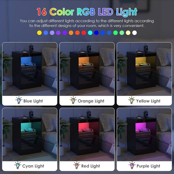 Тумба приліжкова чорна з LED-підсвіткою, 2 розетки, 2 USB, відкриті полиці та шухляда, 40x35x60 см, глянцева, для спальні