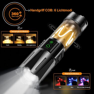 Потужний тактичний ліхтар Relybo LED, 1 000 000 Люмен, акумуляторний, з USB-зарядкою та плавним регулюванням яскравості, для кемпінгу та екстрених ситуацій (Чорний глянець)