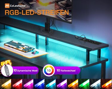 Ігровий стіл Coleshome з LED-підсвічуванням, 120x50 см, з USB та розетками, з підставкою для монітора та місцем для зберігання