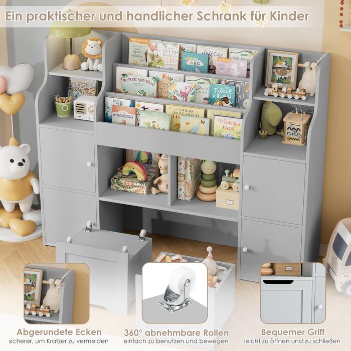 FOREHILL Поличка для іграшок та книжок у дитячу кімнату з дерева, сіра, 122 x 30 x 100 см