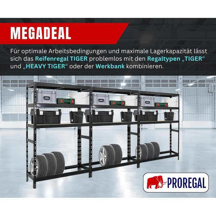 Стелаж для шин PROREGAL Tiger XL: 200x180x45 см, 300 кг на полицю, до 205/55 R16, чорний. Підходить для майстерні, складу, підвалу.