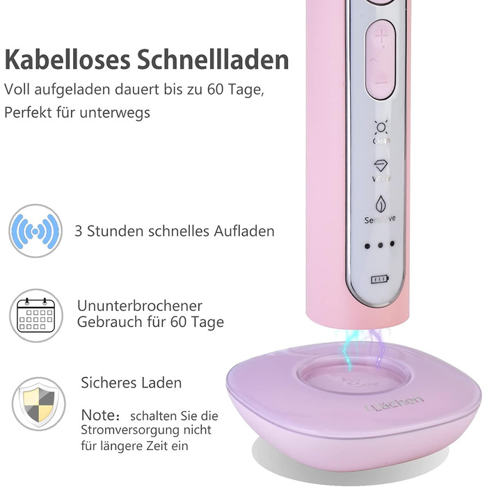 Електрична зубна щітка Lächen Sonic з 4 насадки, таймер, 3 режими та 3 інтенсивності, дорожній футляр (C-рожевий)