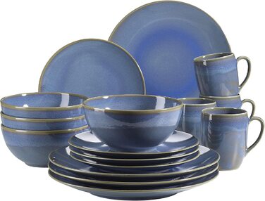 Набір посуду MSER 931547 Ossia для 4 осіб у вінтажному середземноморському стилі, сервіз з 16 предметів світло-блакитного кольору, керамічний