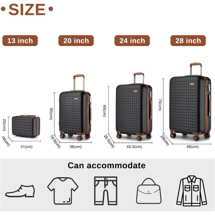 Чотири валізи KONO з ABS пластику, 75 x 48 x 29 см, з TSA замком, ручна поклажа, набір 4 шт. (білий, чорний)