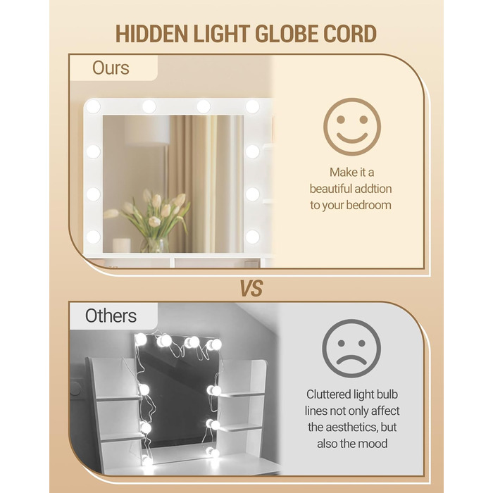 Дзеркальний туалетний столик Hzuaneri з LED-підсвіткою (10 LED), пуфом, великим дзеркалом, тримачем для фену та шухлядами, білий DT39003X