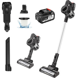 Акумуляторний пилосос 10-15Kpa з 2 режимами, 2 x 3000mAh акумулятори, 140W, LED-щітка, 2-в-1, довга насадка, ручний пилосос з 2 акумуляторами