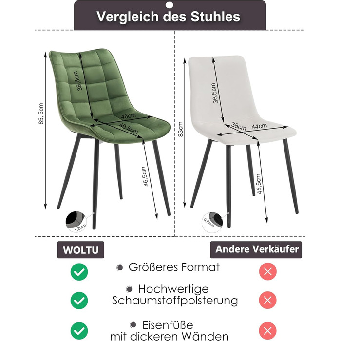 Набір обідніх стільців WOLTU (8 шт.) - обідні стільці для кухні, вітальні, їдальні. М'яке сидіння з велюру, металеві ніжки, до 150 кг.