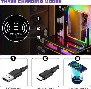 Туалетний столик Lvifur RGB з бездротовою зарядкою, USB, з можливістю затемнення, табурет, 5 ящиків (чорний)