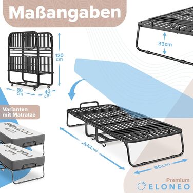 Розкладне ліжко ELONEO з преміум-матрацом та чохлом, металевий каркас, витримує до 250 кг, 80x200 см
