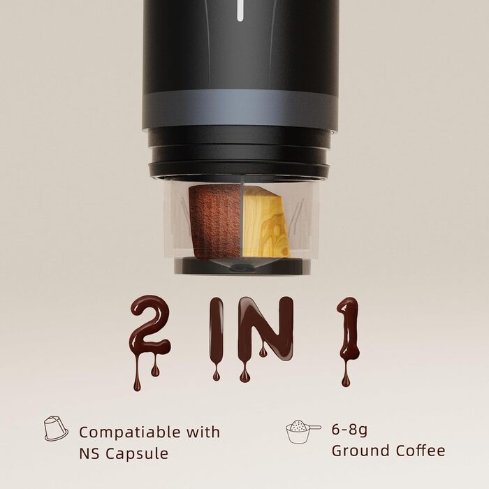Електрична портативна кавомашина еспресо CERA+ з авто-нагрівом, сумісна з меленою кавою та капсулами NS, з переносною сумкою