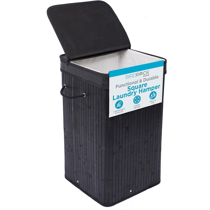 Корзина для білизни BirdRock квадратна з кришкою та підкладкою з тканини, бамбук, чорна, з мотузковими ручками