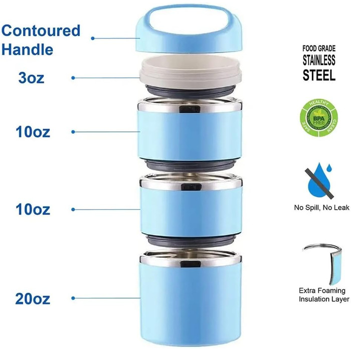 Штабельований термовентилятор з нержавіючої сталі Lille Bento Box 1380 мл, 3-рівневий ізольований з сумкою та столовими приборами (синій)